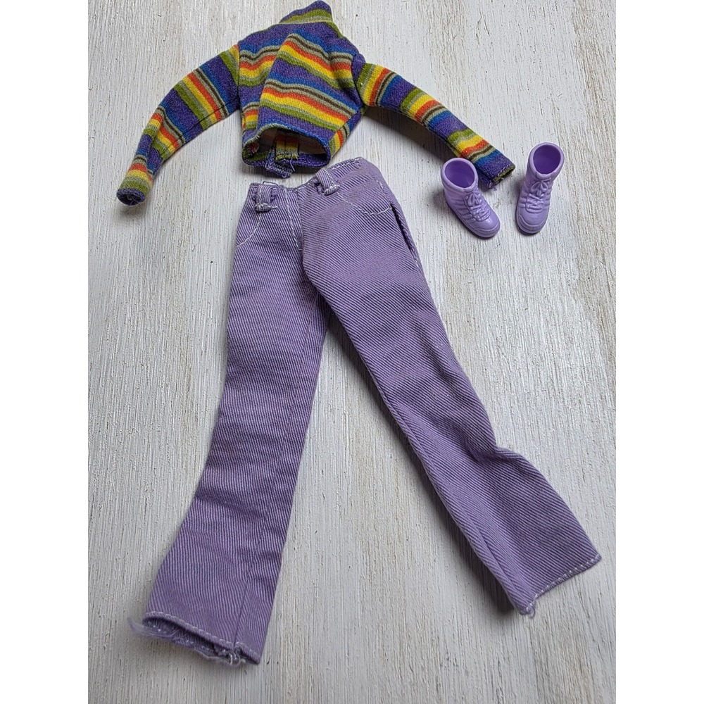 Vintage Barbie Rainbow Striped Top Purple Pants Sneakers Outfit Set Y2K 90s